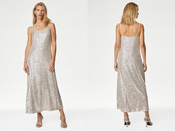 Ladies silver Sequin V-Neck Midaxi Cami party Dress Fashion.ie